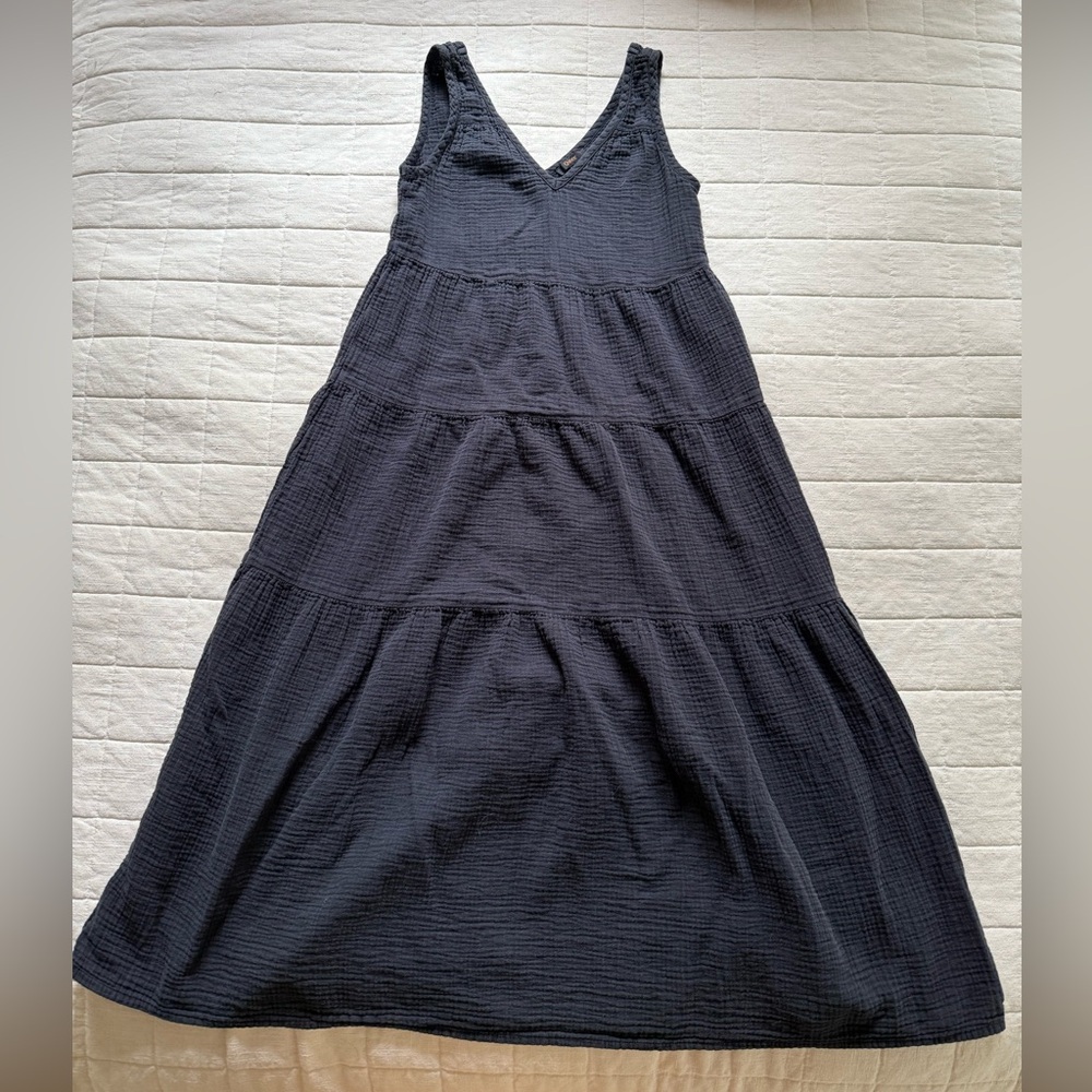 QUINCE Black Organic Cotton Gauze Tiered Maxi Dress • Size XS
